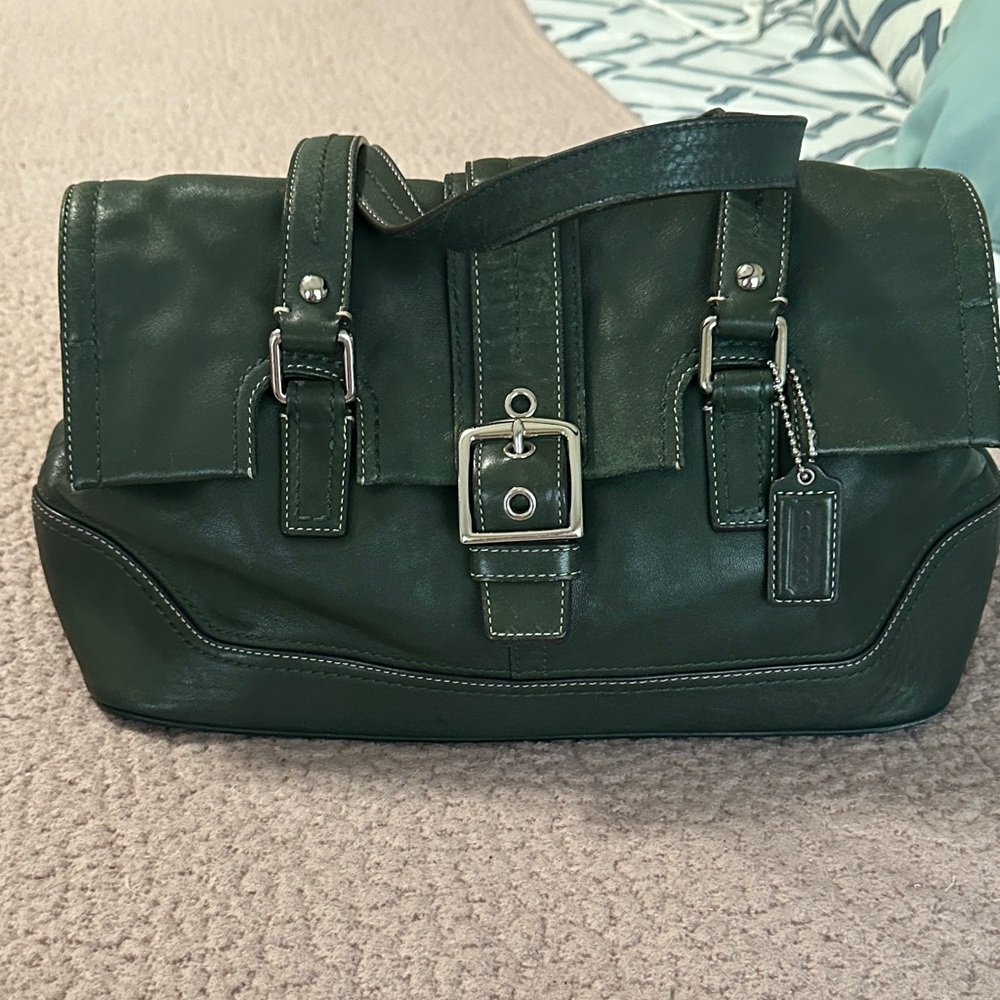 Coach Green Leather Satchel Handbag with Buckle Detail